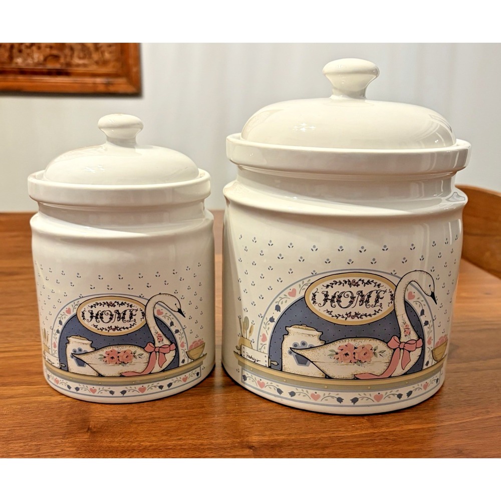 Vintage Home Swan Goose Stoneware Canisters Set of 2 Pink Blue Farmhouse 1980s